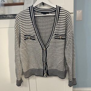 Tahiti navy/white large striped cardigan w/classy gold buttons like new